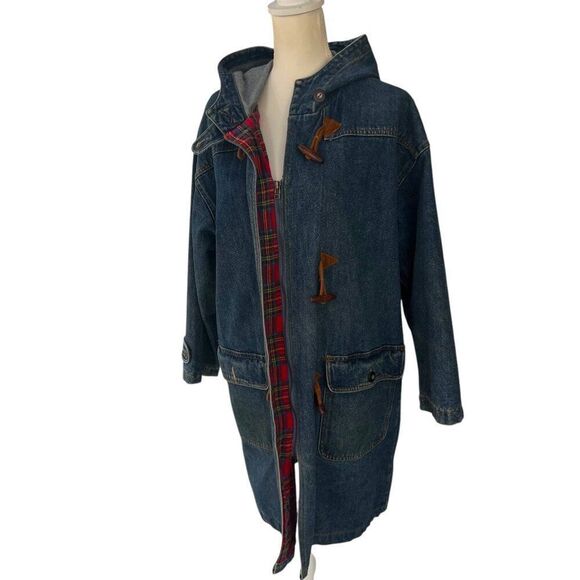 Vintage Inner View Women's Denim Duffle Coat With Hood Toggle Closures & Plaid - Picture 6 of 14